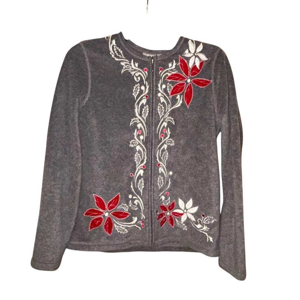 Croft and Barrow Womens Holiday Embroidered‎ Fleece Jacket Floral Small Gray